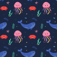 Afwasbaar Fotobehang In de zee Cute seamless vector pattern with marine animals, marine life, crab, whale, shark, octopus, cute baby pattern