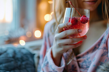  Young woman holds in hand glass Sleepy girl Cocktail on the background of a cozy bedroom. A drink with magnesium to improve the quality of sleep.  - obrazy, fototapety, plakaty