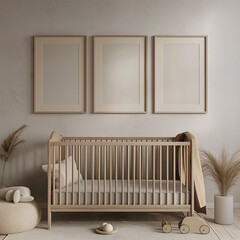 Frame Mockup in Baby Room. Empty Place for your Art for Playroom for Children. Interior in Boho Style with Natural Textures. Kid Bedroom Wall Art. 3d Generated Product Placement for Newborn. - 762334971