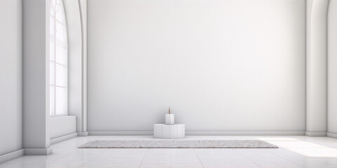 3D rendering, interior of a bright empty white room with a large arched window and a carpet on the floor.