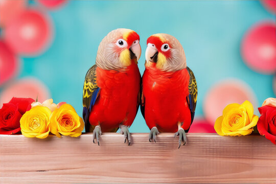 Two red parrots with yellow flowers and green leaves in the background