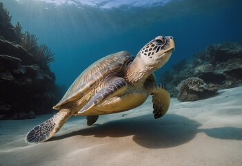 A magnificent giant golden sea turtle spreads its paws and swims in the blue depths of the sea