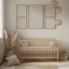 Frame Mockup in Baby Room. Empty Place for your Art for Playroom for Children. Interior in Boho Style with Natural Textures. Kid Bedroom Wall Art. 3d Generated Product Placement for Newborn. - 762335194