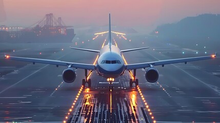 Aircraft on runway preparing for flight, front view. Concept: travel, flying, vacation