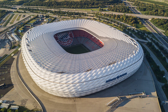Germany, Munich, August 2018 - Aerial view of football stadium Allianz Arena in Munich