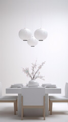 3d illustration of a minimalist dining room with a table, chairs, and a vase of flowers.