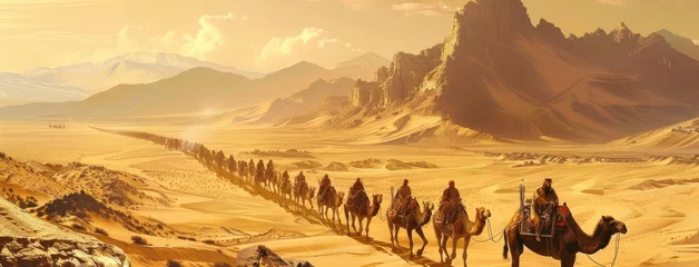  a caravan's passage through a vast expanse of sand, with camels and travelers weaving in a graceful, snaking line. © lililia