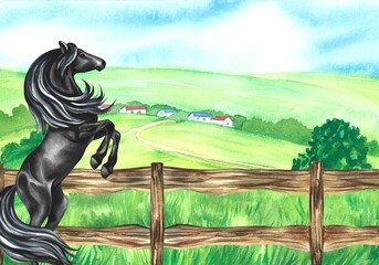 A banner with a horse at a wooden fence on the background of a mountain landscape. A hand-drawn watercolor illustration. For labels and postcards, business cards and packaging. For banners, posters.