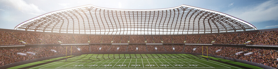 Empty American football arena with grass field view. 3D render. Cloudy noon sky Concept of sport, football, championship, match, game space. Poster for ad of sport games, events. Horizontal flyer