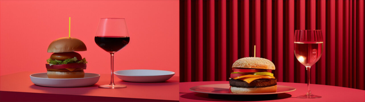 Two images of a burger and wine glass on a red background, with a minimalist style and vibrant colors.
