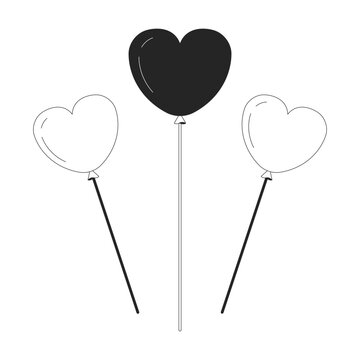 Heart shaped balloons on sticks black and white 2D line cartoon object. Birthday party decoration isolated vector outline item. Hearts valentines. Romance decor monochromatic flat spot illustration
