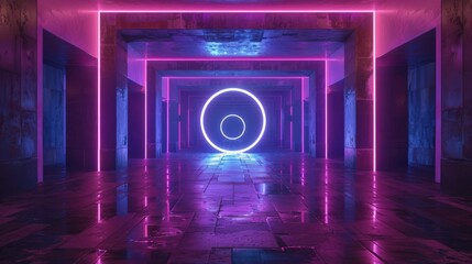 Empty Dark Futuristic Sci Fi Big Hall Room With Lights And Circle Shaped Neon Light On Refelction Surface 3D Rendering Illustration