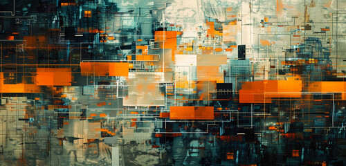 Abstract cityscape of interconnected rectangles.