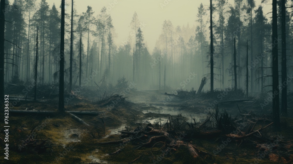 Aufkleber a mysterious forest filled with fog, perfect for background use