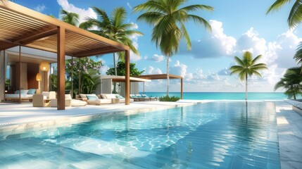 Luxurious infinity pool at a tropical resort with lounge areas and ocean horizon in the background, invoking a sense of relaxation - obrazy, fototapety, plakaty