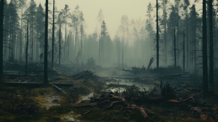A mysterious forest filled with fog, perfect for background use - obrazy, fototapety, plakaty
