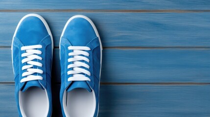 Blue sneakers placed on a wooden surface, suitable for sports or casual concepts