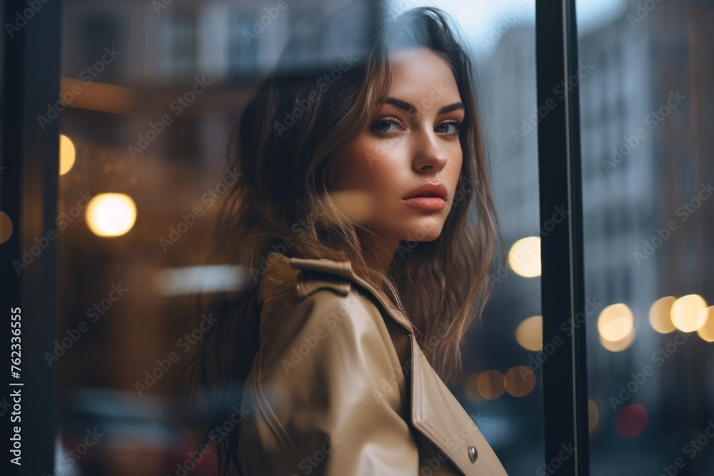 Poster a woman looking out of a window at night. suitable for various concepts