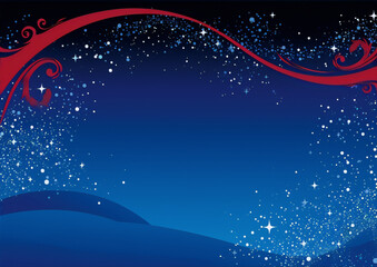 Blue elegant christmas background with red swirls and snowflakes.