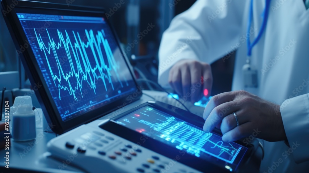 Poster A person in a lab coat using a laptop computer. Suitable for scientific research projects