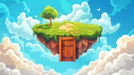 Floating island with wooden door. Cartoon illustration of a piece of land flying in a heavenly cloudscape, portal to a fantasy world, retro doorway on green lawn, platform for adventure games. - obrazy, fototapety, plakaty