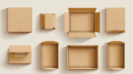 Brown open cardboard box mockup. Set of realistic modern illustration of blank craft cartons of various sizes for gift packaging or delivery.