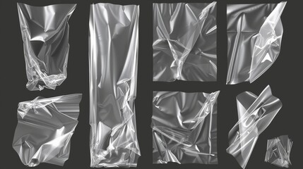 A realistic modern illustration set of cellophane or polythene seal wrapper mockup - whole with wrinkles and folds and torn square vinyl wrap with overlay effect. - obrazy, fototapety, plakaty