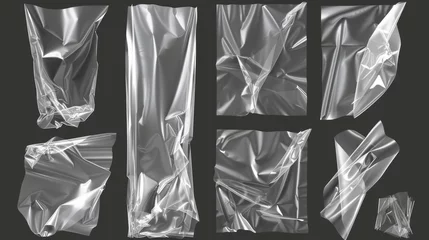 Foto op Plexiglas A realistic modern illustration set of cellophane or polythene seal wrapper mockup - whole with wrinkles and folds and torn square vinyl wrap with overlay effect. © Mark
