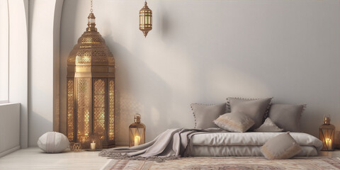 3d rendering, interior of a luxury arabic living room with white walls and golden furniture - obrazy, fototapety, plakaty