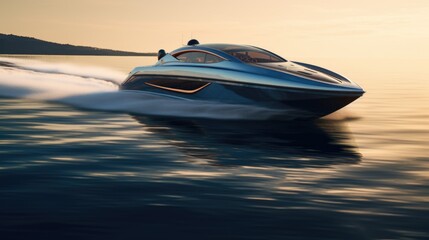 A speed boat speeding across a body of water. Perfect for travel and adventure concepts - obrazy, fototapety, plakaty