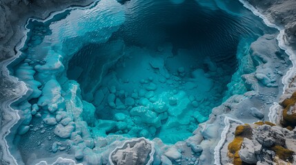 Large hole in cave filled with electric blue water
