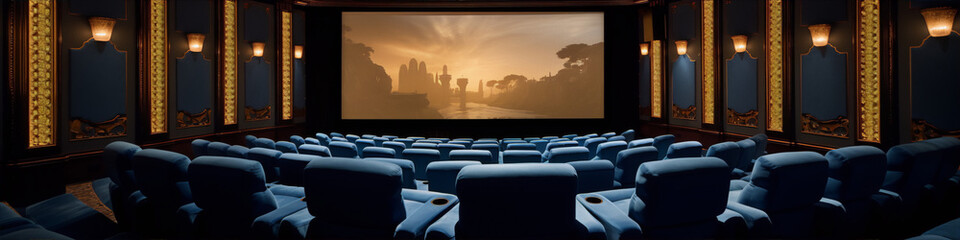 Fototapeta premium An empty cinema auditorium with blue velvet seats and golden wall sconces.