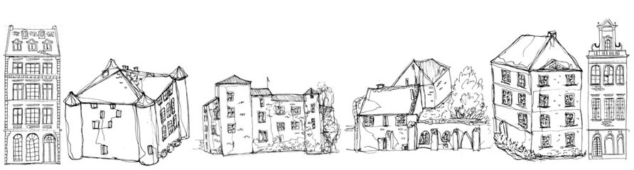 French house building. Hand drawn castle vector illustration Set