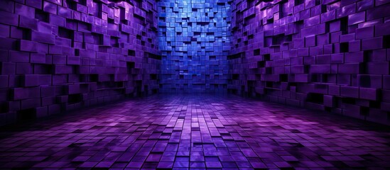 A room decorated in shades of purple, violet, and electric blue, with brick floors and walls. The...