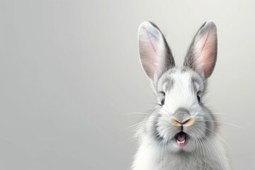 Adorable white rabbit or bunny pet smiling and laughing isolated on white background with copy space. Cute animal portrait for Easter, spring holidays, greeting cards, banners, and pet care concept