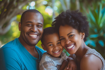 Portrait of a happy family where one or both parents are living with HIV, challenging stereotypes. Family portrait photography. Capture genuine family moments.  - obrazy, fototapety, plakaty