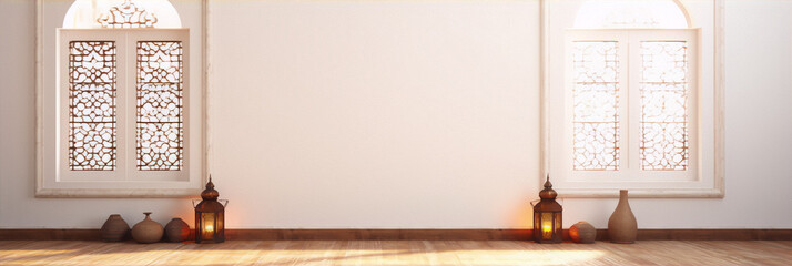 3D rendering of an empty room with two windows, two lanterns, and some vases on the floor.