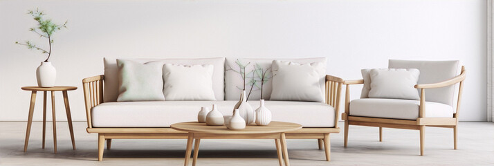 Minimalist living room interior with sofa, armchair, coffee table, plant, and vases. White and beige colors. Scandinavian style.