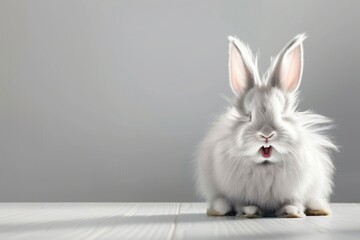 Obraz premium Cute white bunny or rabbit pet animal laughing and smiling isolated on white with empty space. Funny portrait for Easter holiday, spring season, pet shop, veterinary clinic, and animal welfare design