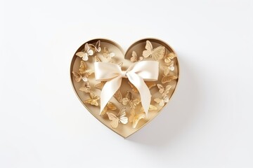 A heart-shaped golden box adorned with elegant butterfly ornaments, conveying love. Golden Heart Box with Butterfly Ornaments
