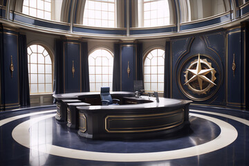 Futuristic office interior with large windows, blue and gold accents, and a large compass rose on the wall. - obrazy, fototapety, plakaty