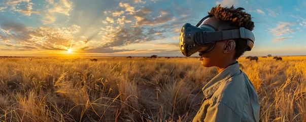 Schilderijen op glas a thrilling virtual reality safari photography experience, where the user is fully immersed in a stunning natural landscape at golden hour © Wuttichai
