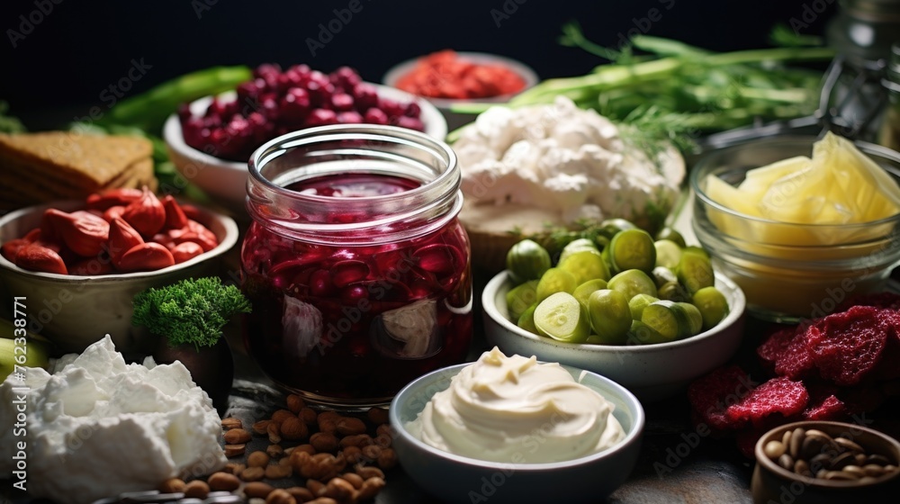Poster a variety of food items displayed on a table. suitable for food and restaurant concepts