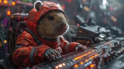 Harmony in the galaxy a capybara conducts music in a scifi symphony - obrazy, fototapety, plakaty