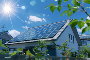 Maison moderne équipée de nombreux panneaux solaires photovoltaique - 762339149