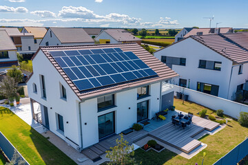 Maison moderne équipée de nombreux panneaux solaires photovoltaique - 762339150