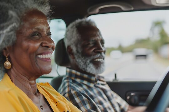 Happy senior couple having fun travelling in car during summer vacation