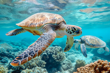 Obraz premium Sea turtles swimming through the crystal-clear waters of the Great Barrier Reef, with vibrant coral reefs as their backdrop. 