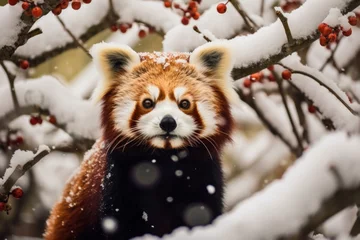 Fensteraufkleber Captivating Red panda winter snow. Fur resting tropical. Generate Ai © juliars