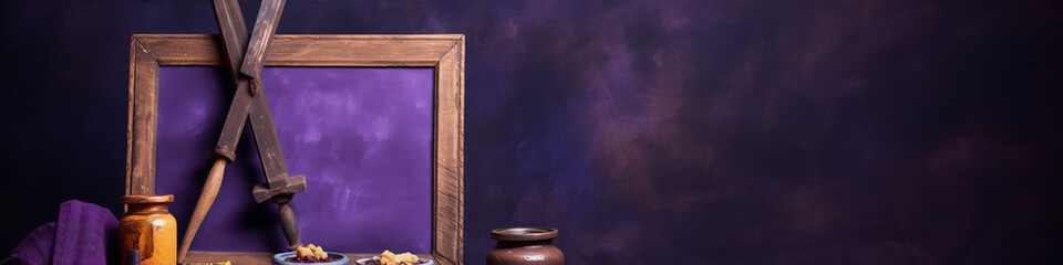 Two swords and a wooden frame on a purple background.